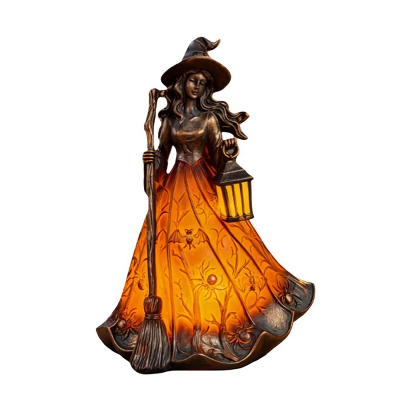 Halloween Witch Figurine Lamp with Broom, Resin Night Light - USB Powered Tabletop Decor (Variation E)