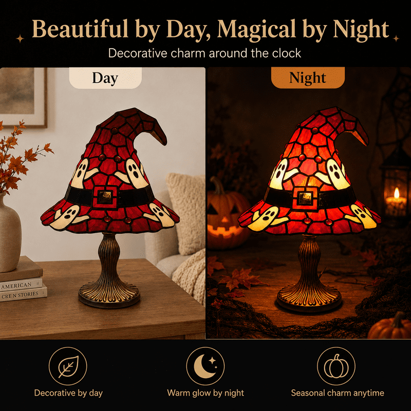 Diceymbol Halloween Stained Glass Witch Hat Lamp with Ghost Pattern – 8 Inch, K Variation