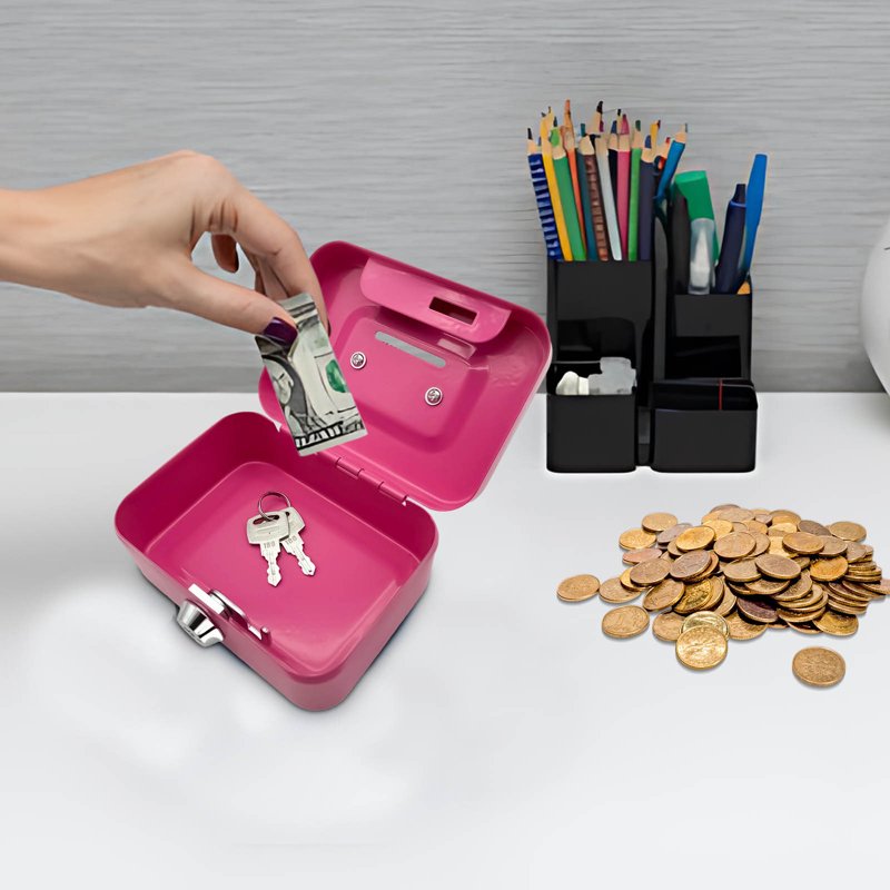 Portable Metal Cash Box with Lock and Key - Small Safe for Money and Coins