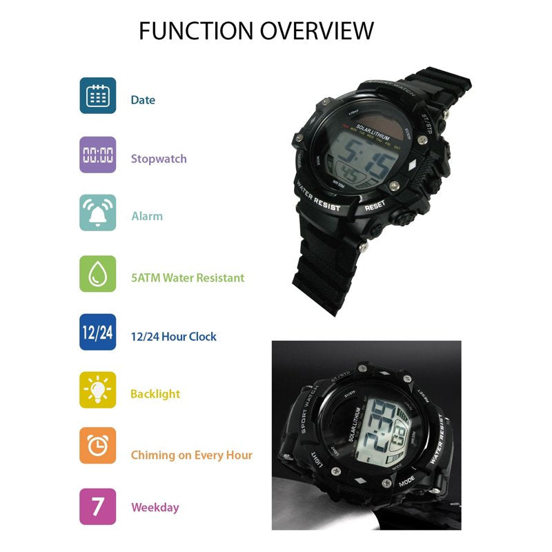 Men's Solar Digital Wristwatch with Water Resistance and Stopwatch