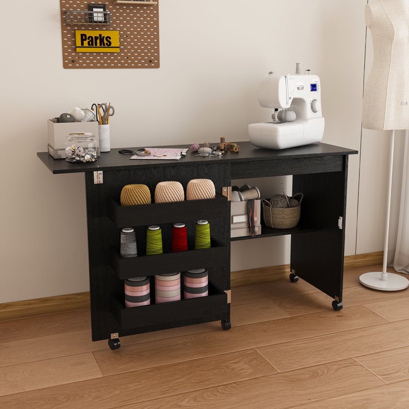 Multi-Functional Folding Sewing Table with Lockable Wheels and Storage Cabinets
