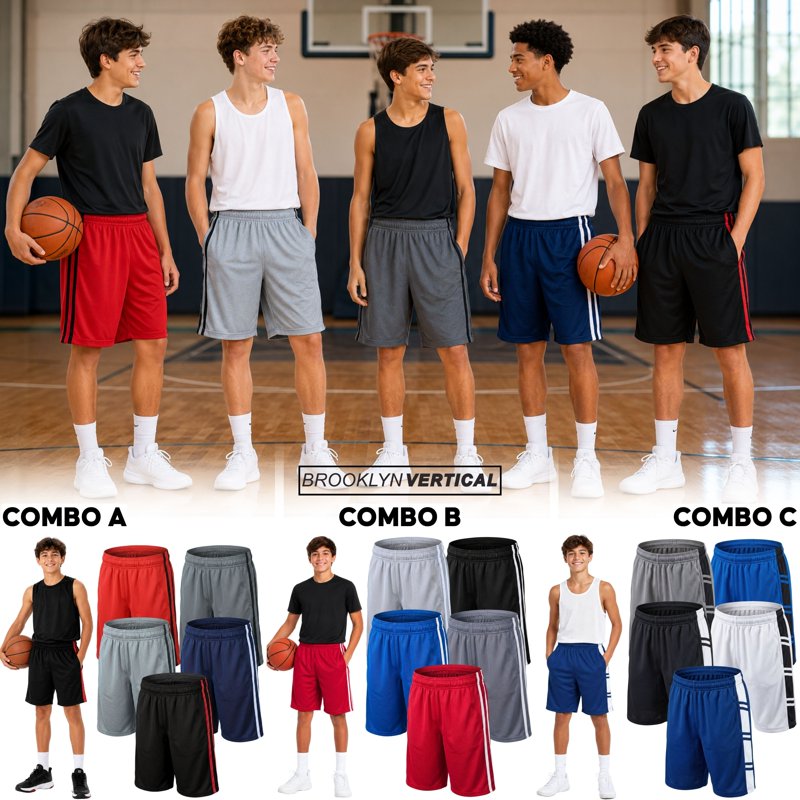 Kids Basketball Shorts 5-Pack Athletic Performance Mesh Shorts with Pockets