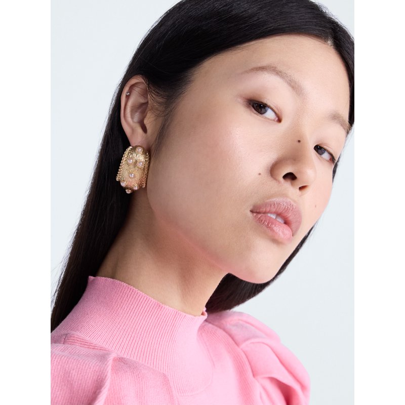Gold Tone Faux Pearl Hoop Earrings with Textured Rope Design - Scoop