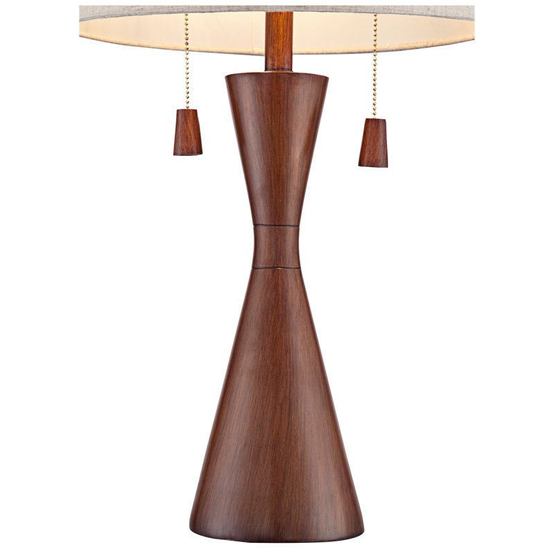 Modern Table Lamp 28.75in Warm Brown Wood & Oatmeal Fabric Shade for Bedroom & Living Room