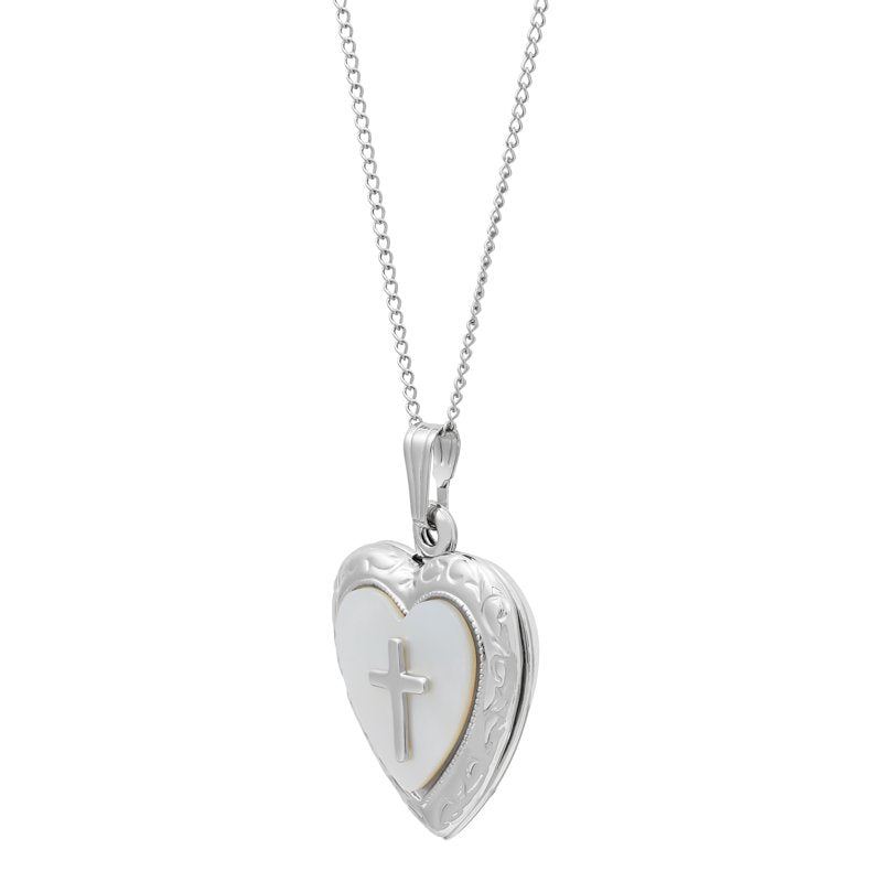 Sterling Silver Mother of Pearl Cross Heart Pendant Necklace 18 Inch Chain