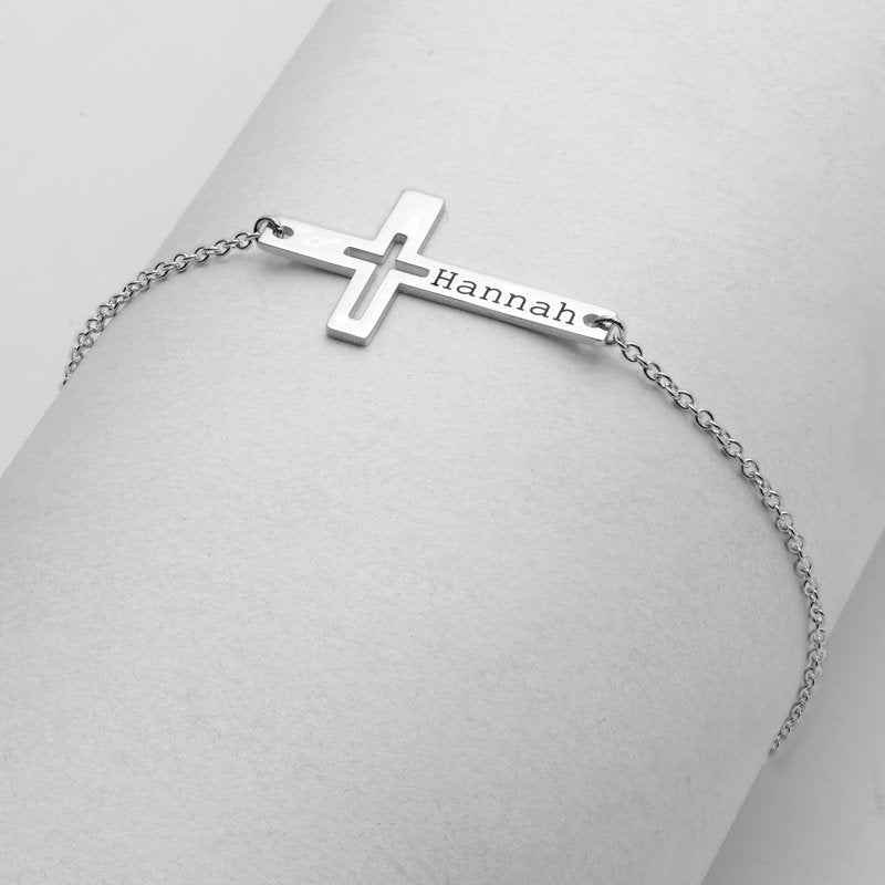 Personalized Sterling Silver Script Name Necklace with Cross Outline
