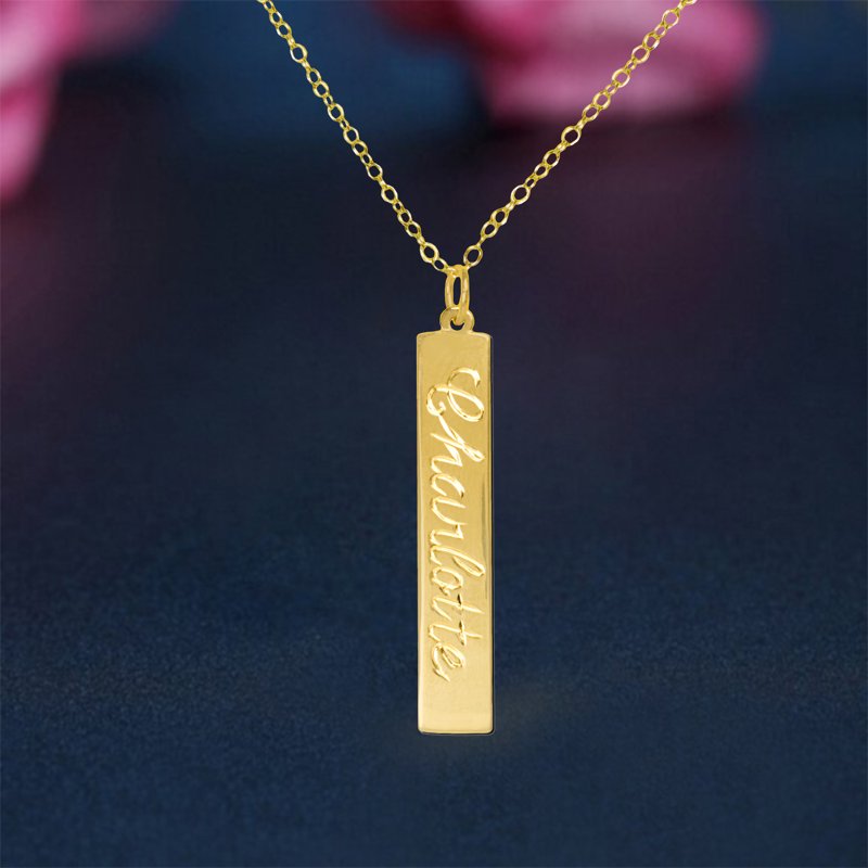 Personalized Engraved Name Bar Pendant Necklace in Sterling Silver or 14K Gold Plated Sterling Silver