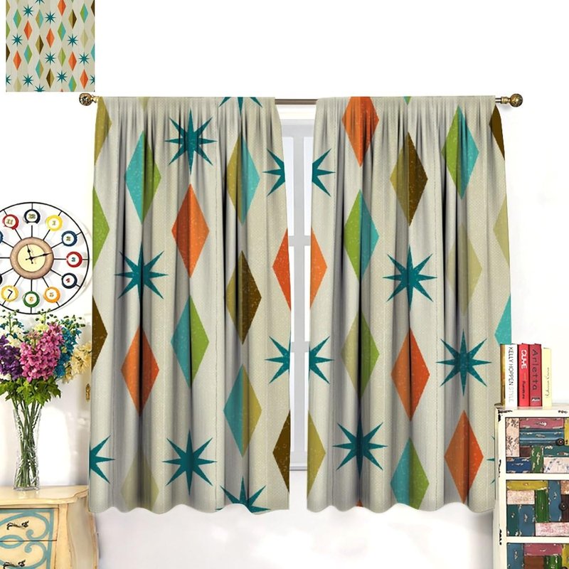 Mid Century Style Grunge Atomic Pattern Curtains - Thermal Insulated 2 Panel Sets