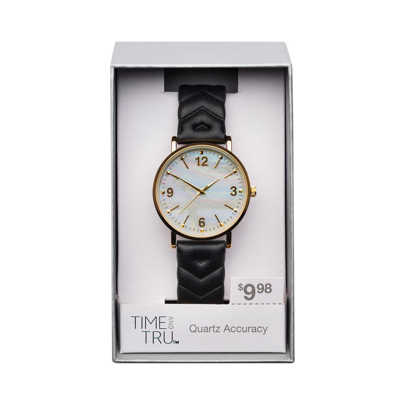 Women's Gold Tone Round Watch with Faux Mother of Pearl Dial and Quilted Strap