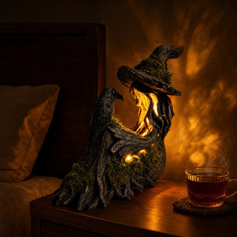 Lighted Witch and Crow Resin Figurine Halloween Gothic Tabletop Decor