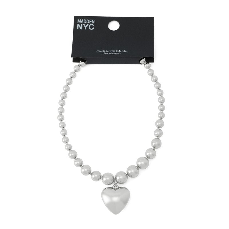 Women's Puffy Heart Pendant Necklace with Rhodium Finish - Adjustable Chain