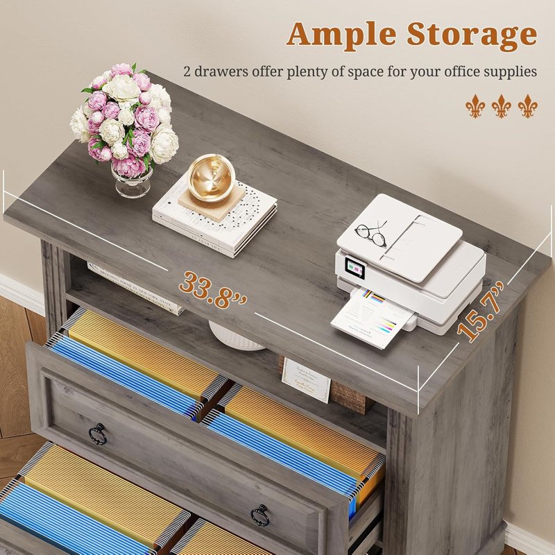 Farmhouse Style 2-Drawer File Cabinet with Printer Stand and Storage Shelf - Grey