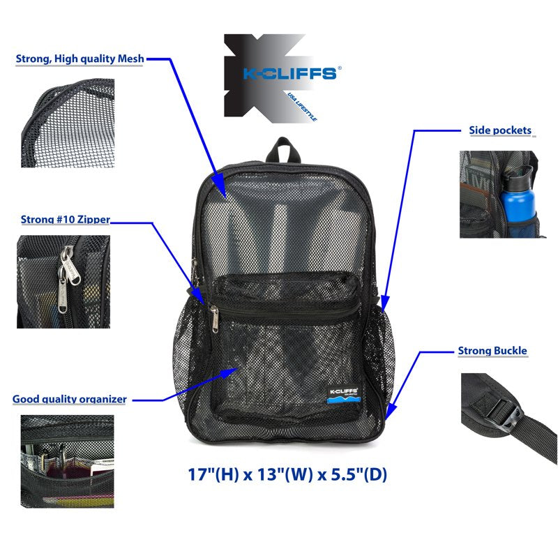 Unisex Mesh School Backpack with Large Zipper & Side Pockets - Black, Navy, White, Royal