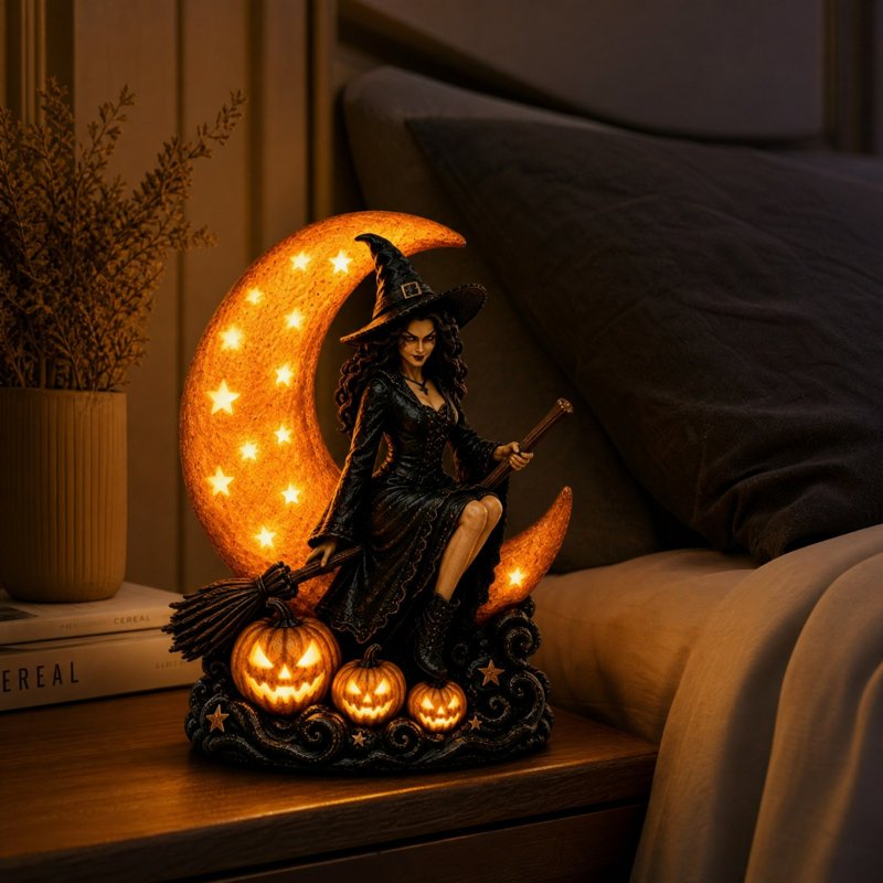 Halloween Witch Lamp with Glowing Moon and Pumpkin Decor Figurine - Spooky Gothic Tabletop Ornament