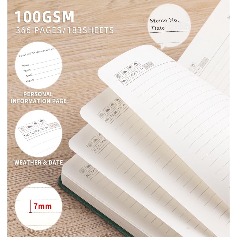 A5 Leather Journal Notebook with 365 Pages - Hardcover Daily Writing Planner