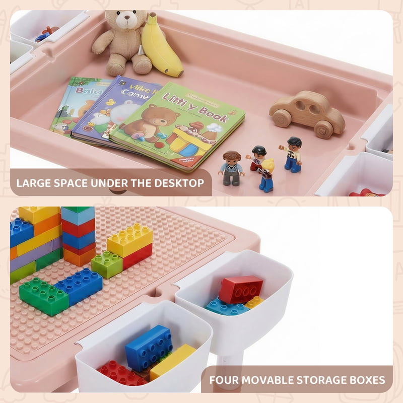 Kids Activity Table and Chair Set with Reversible Surface & Storage - Adjustable Height, Pink