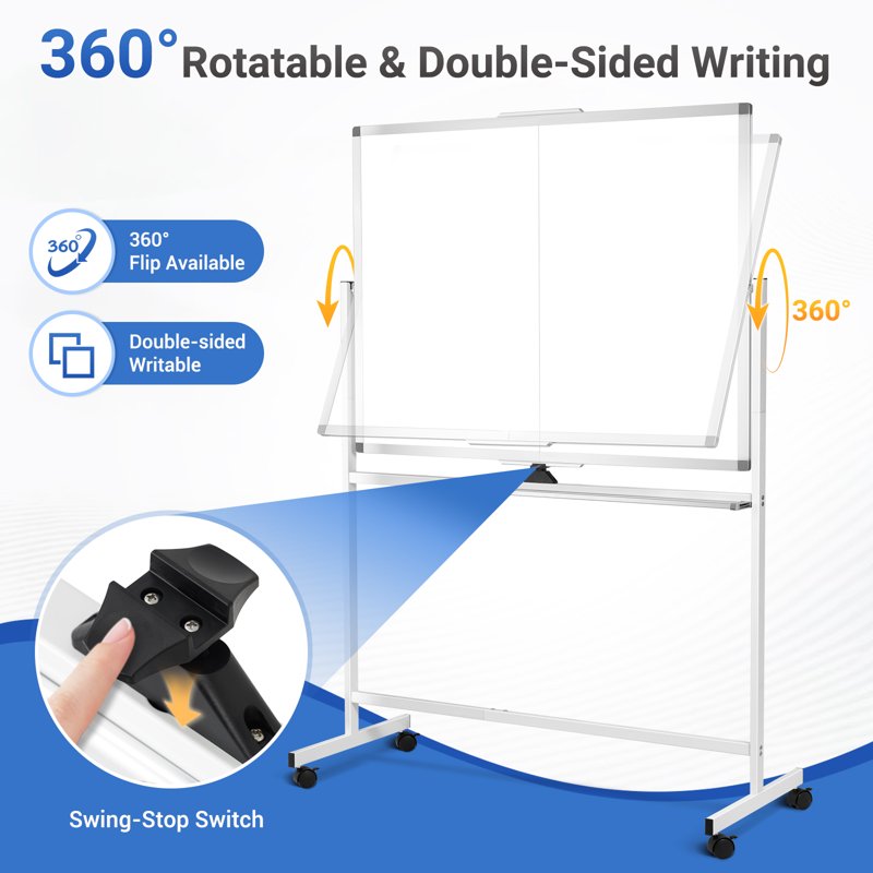 Large Double-Sided Mobile Whiteboard with Wheels, 48x36 Inches - Office & Classroom