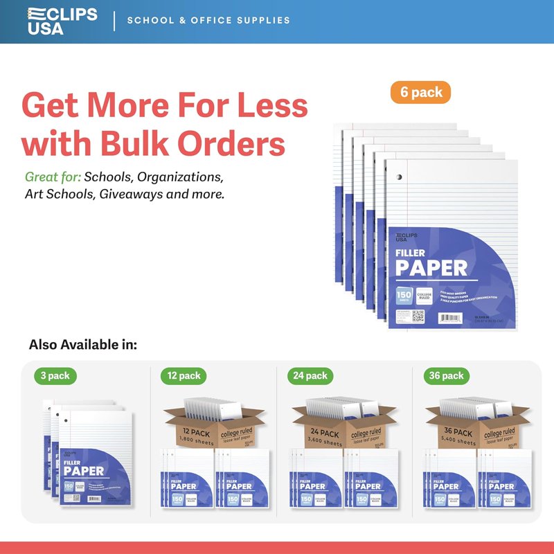 Loose Leaf College Ruled Notebook Paper 1800 Sheets 6-Pack Wide & College Rule