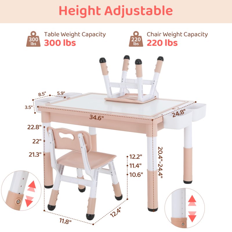 Kids Activity Table and Chair Set with Reversible Surface & Storage - Adjustable Height, Pink