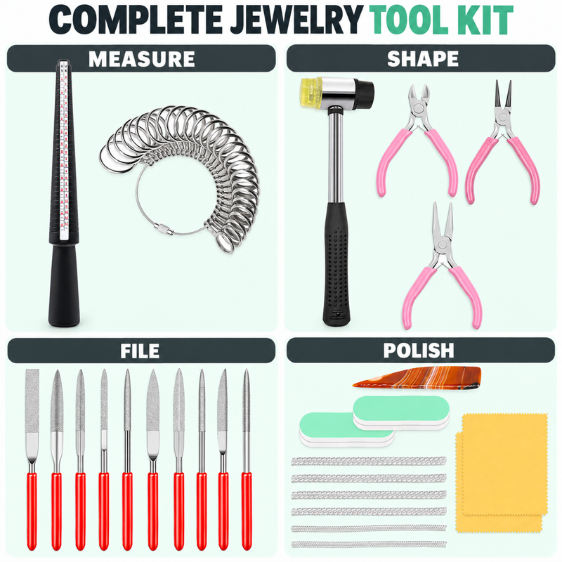 Jewelry Making Tool Kit with Pliers, Ring Sizer, Hammer & Polishing Tools