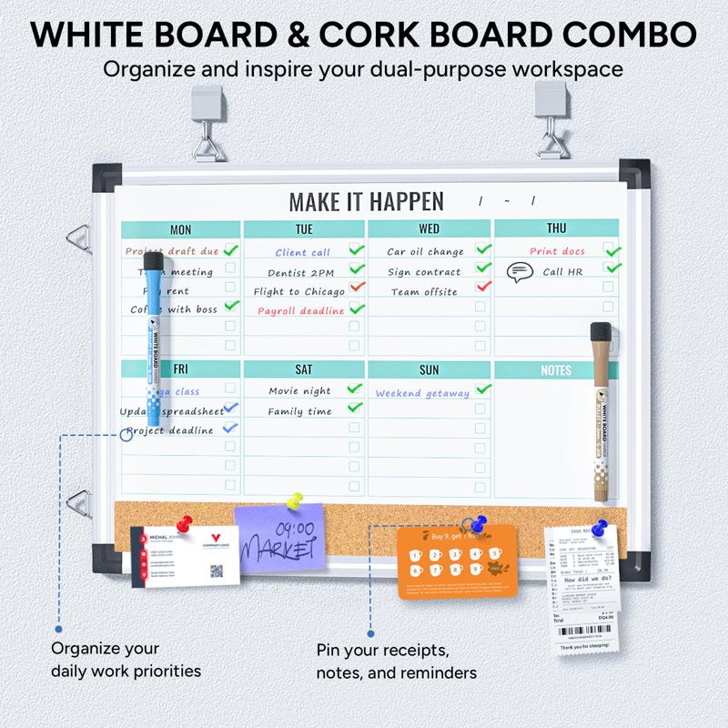 17x13 Inch Green Weekly Whiteboard with Aluminum Frame Dry Erase Calendar Planner
