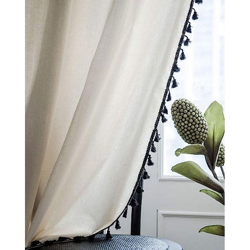 Boho Cotton Linen Window Curtain with Black Tassels - 102 Inch Beige Panel