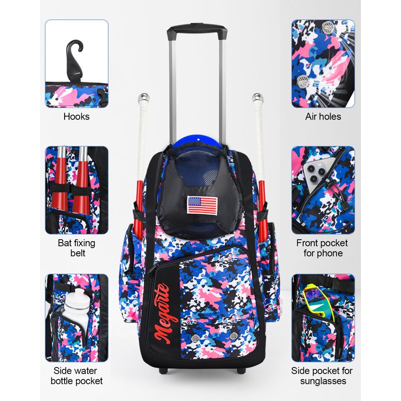 Rolling Baseball Bag with Wheels 60L Equipment Backpack for Youth & Adults