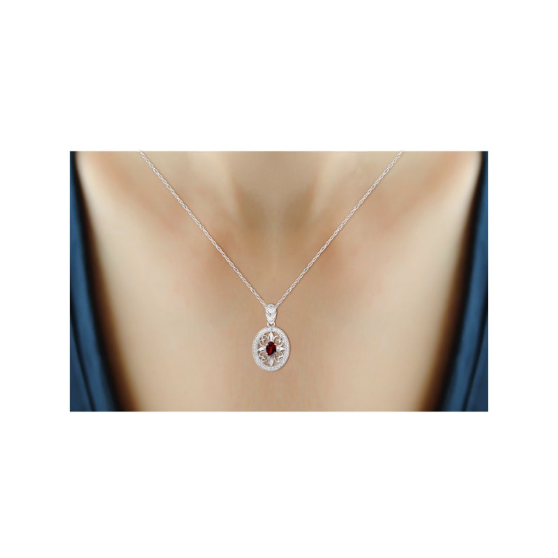 Sterling Silver Garnet Pendant with White Diamond Accent, 18-Inch Chain