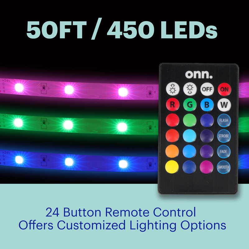Multicolor LED Light Strip with Remote Control 50 Feet - RGB Color Changing, Cuttable & Sticky