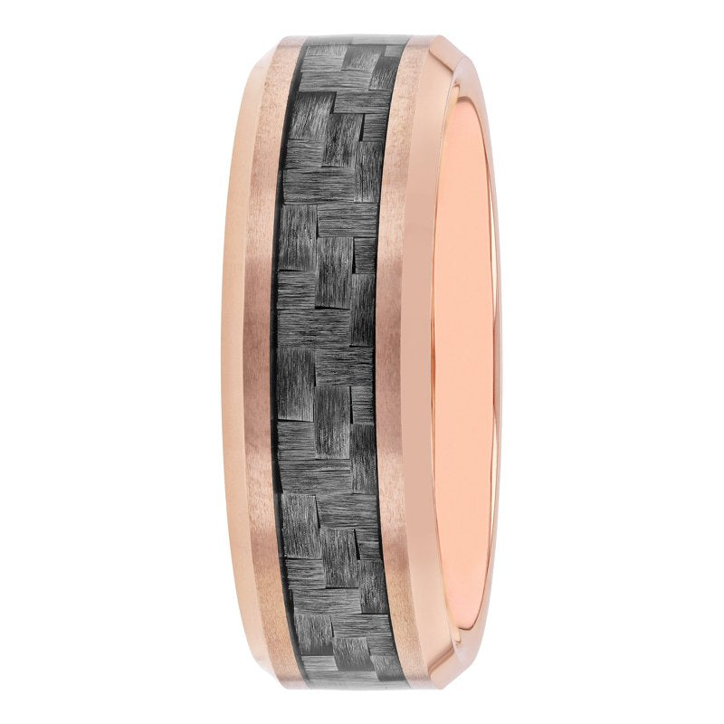 Men's Rose-Tone Tungsten Wedding Ring with Carbon Fiber Inlay - Beveled Band