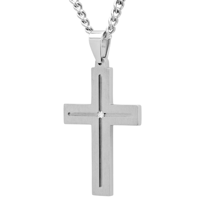 Men's Stainless Steel Cross Pendant Necklace with Diamond Accent - 24 Inch Chain