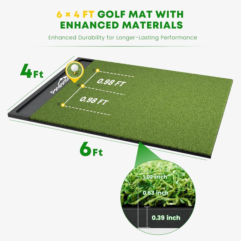 OKESAM 6x4 Ft Golf Hitting Mat with Built-In Ball Tray, Dual-Turf, Thick EVA Base, Foldable - Includes 3 Tees