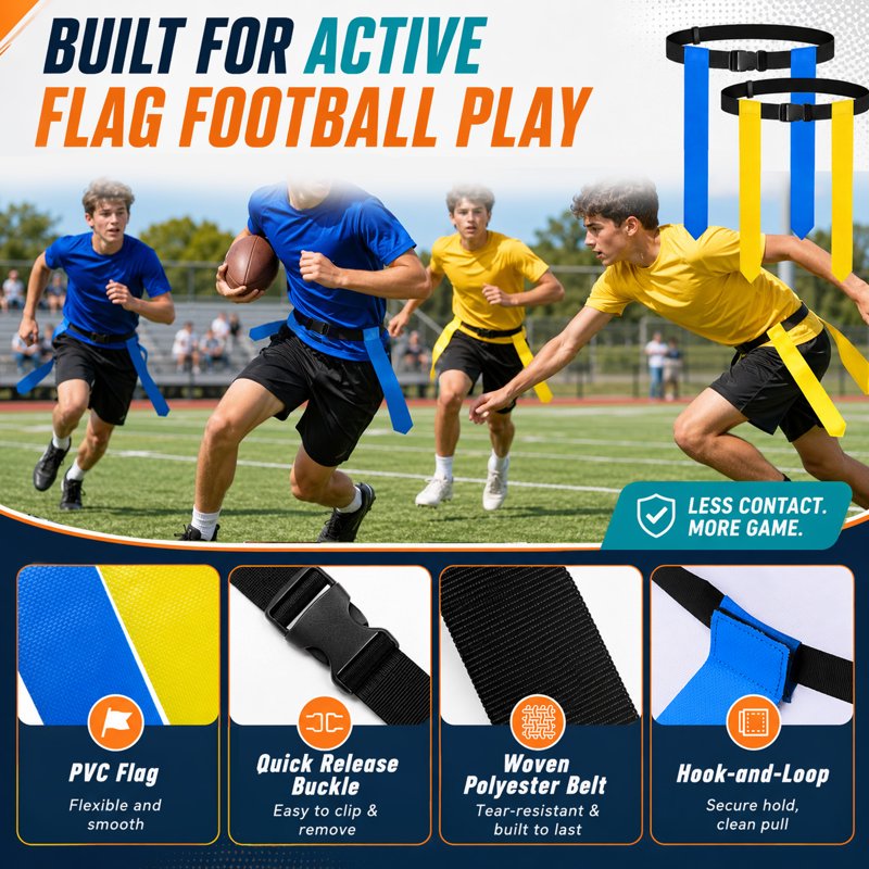 Flag Football Belts Set with Flags Cones Whistles & Carry Bag - Adjustable for Team Training