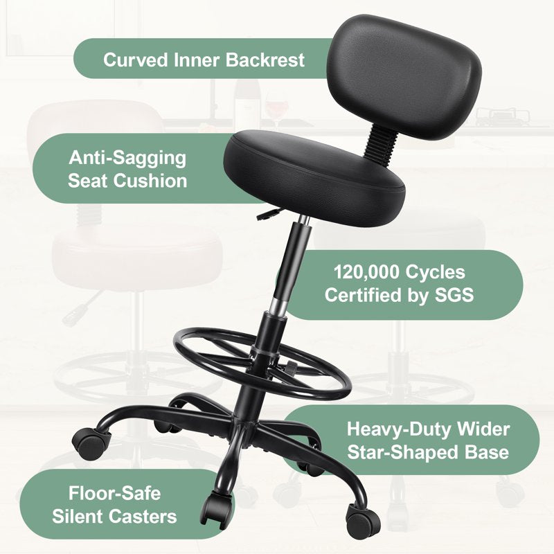 Adjustable Drafting Office Chair with Backrest - PU Leather, Thick Cushion, 300lb Capacity