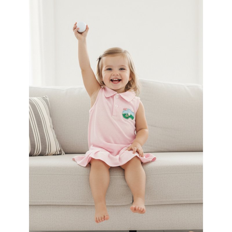 Toddler Girl Dress with Button Collar, Ruffled Hem, Embroidered Stripes and Plaid — Multiple Sizes & Colors