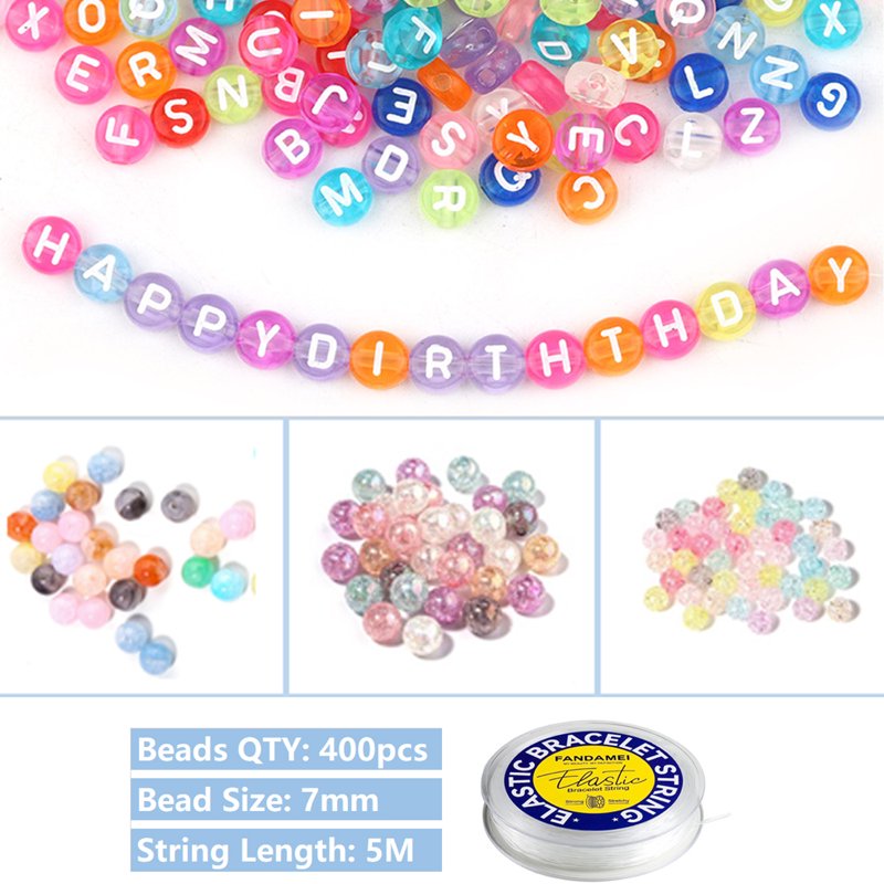 Colored Bead Set for Jewelry Making 400 Pieces 7mm Alphabet & Crackle Beads