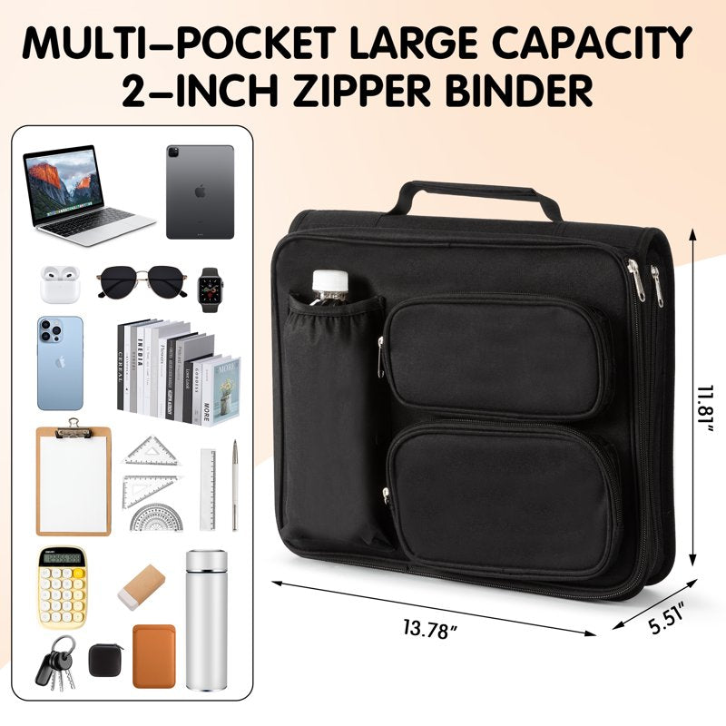 2-Inch Zipper Binder with 3 Rings and Multi-Pocket Organizer for Students and Professionals