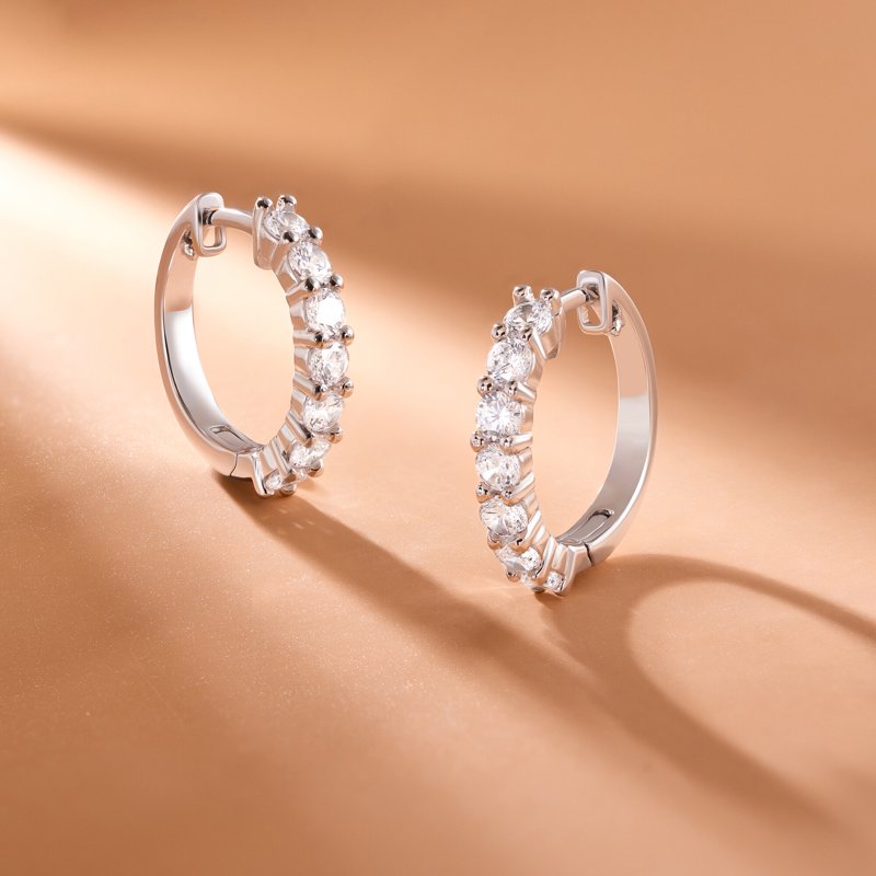 Hinged Hoop Earrings with Cubic Zirconia in Sterling Silver and Rhodium Plating