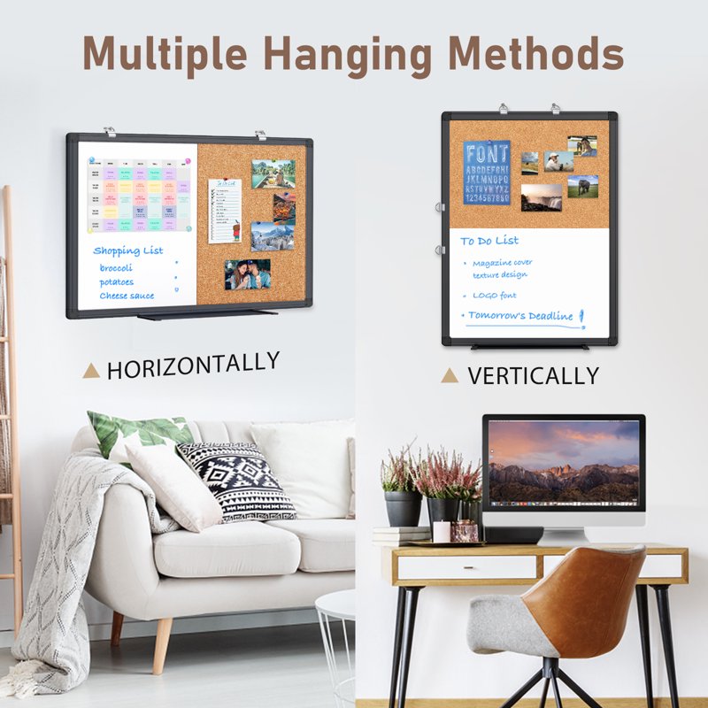 Magnetic Whiteboard & Cork Bulletin Board Combo Wall Mount 24x18in