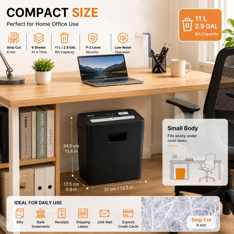 6-Sheet Paper Shredder with 2.9 Gallon Bin - Strip-Cut Office & Home Use