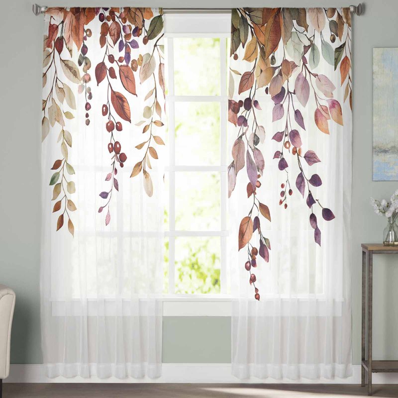 Fall Leaves Sheer Curtains Set - Watercolor Leaf Fruit Berry Design, 52x84 Inch, 2 Panels