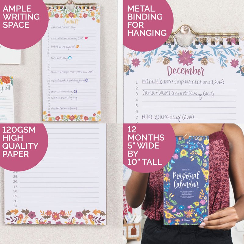 Perpetual Wall Calendar with Seasonal Florals - Reusable 12-Month Planner