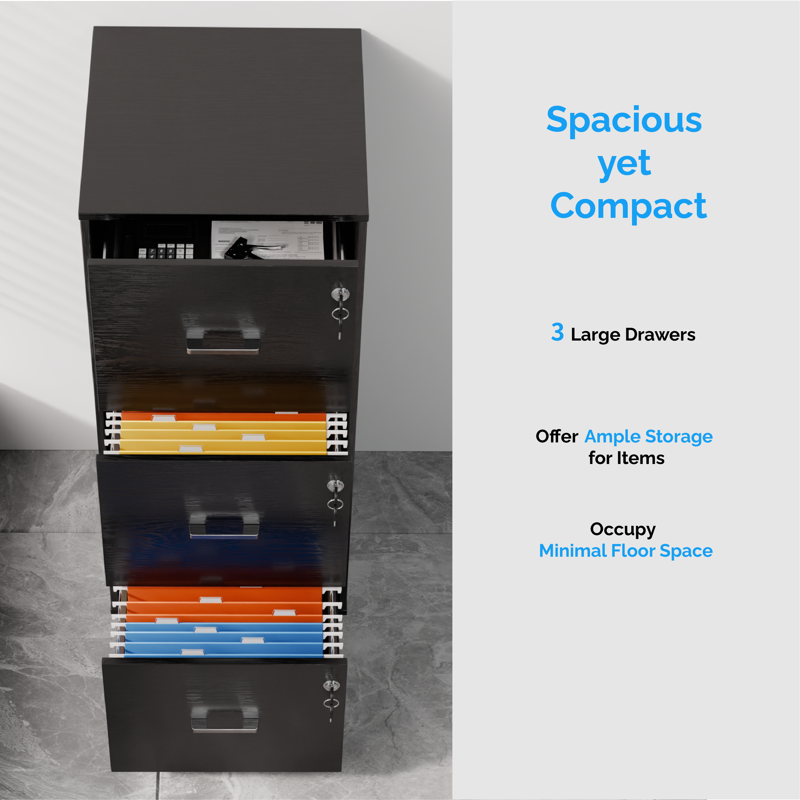 Wood 3-Drawer Lockable File Cabinet for Home Office - Black