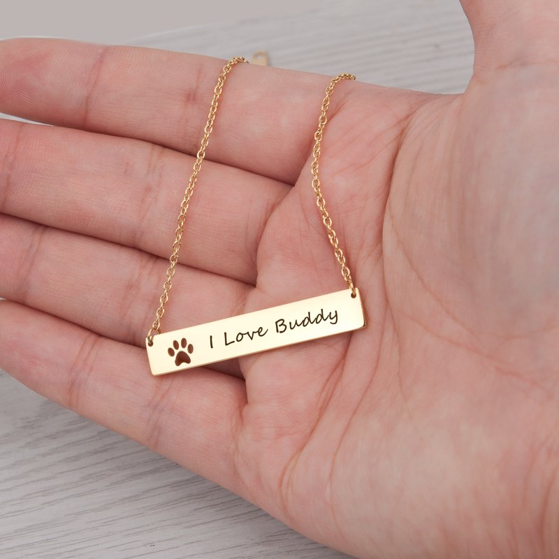 Personalized Gold Paw Print Bar Necklace with Engraving - Pet Lover Gift