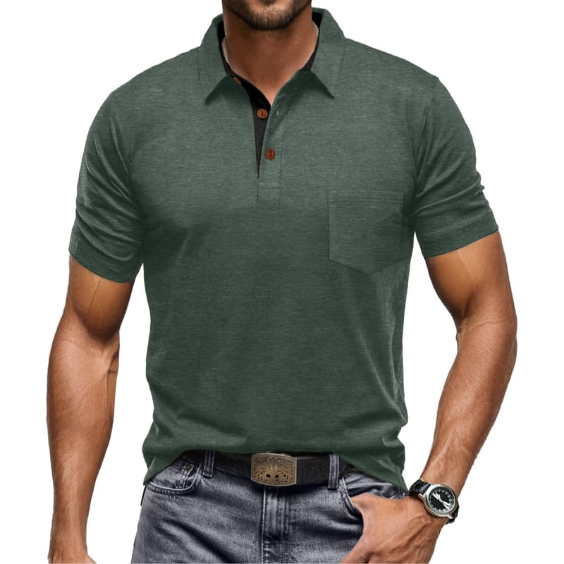 Men's Casual Polo Shirts - Short Sleeve Cotton Classic Collared Shirt with Pocket