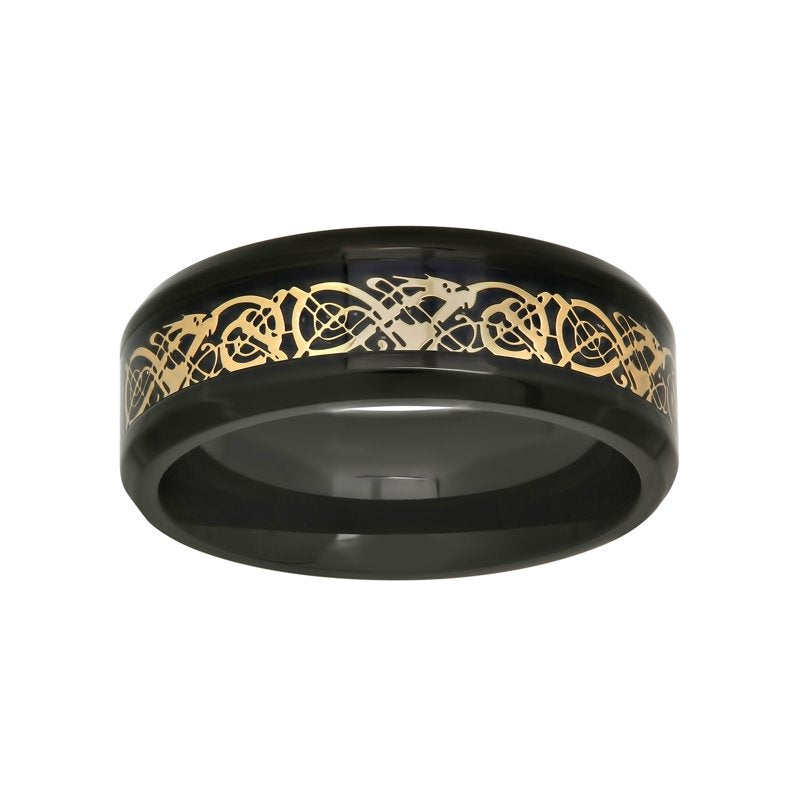Men's Black and Yellow IP Stainless Steel Filigree Wedding Ring Band - 8MM