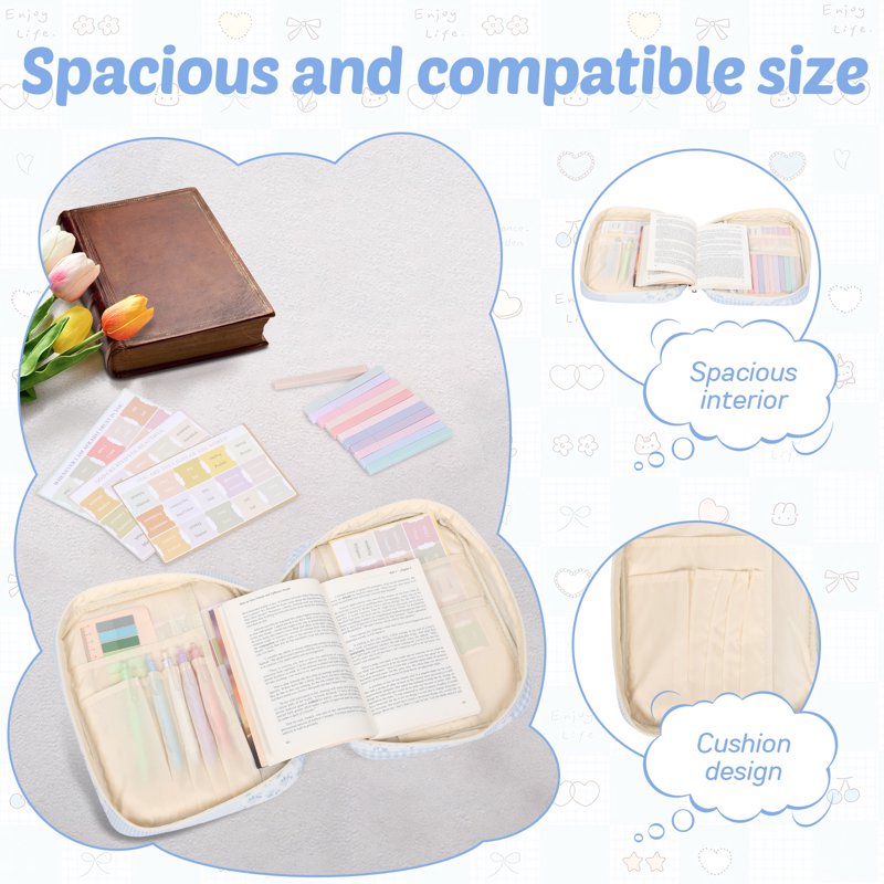 Blue Quilted Bible Cover Case for Women – Large Carrying Bag with 5 Pens, 12 Highlighters, 75 Bookmarks & 200 Labels
