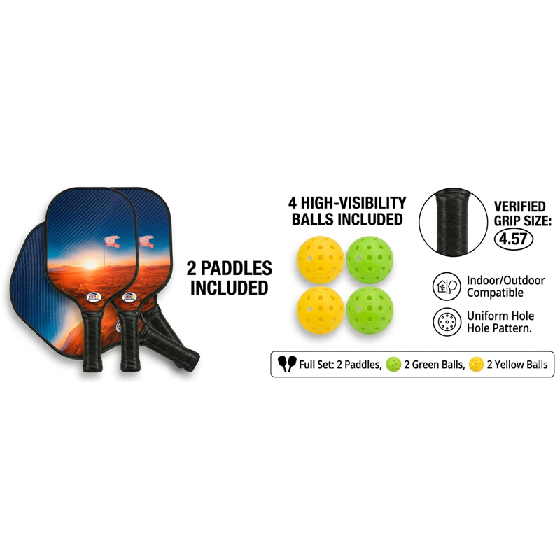 Carbon Fiber Pickleball Set - 2 Paddles + 4 Balls, Desert Sunset Design