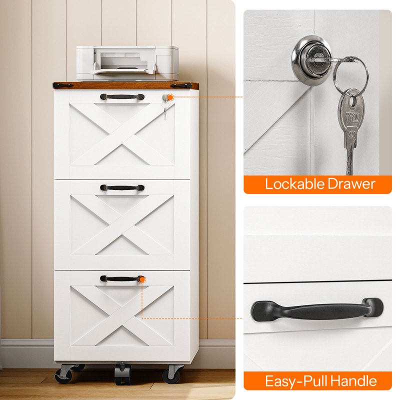 Farmhouse Mobile File Cabinet with Lock & Printer Stand - White & Walnut