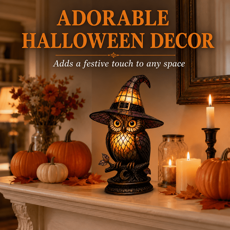 Halloween Witch Owl Night Light - Stained Glass Style LED Table Lamp for Desk & Decor